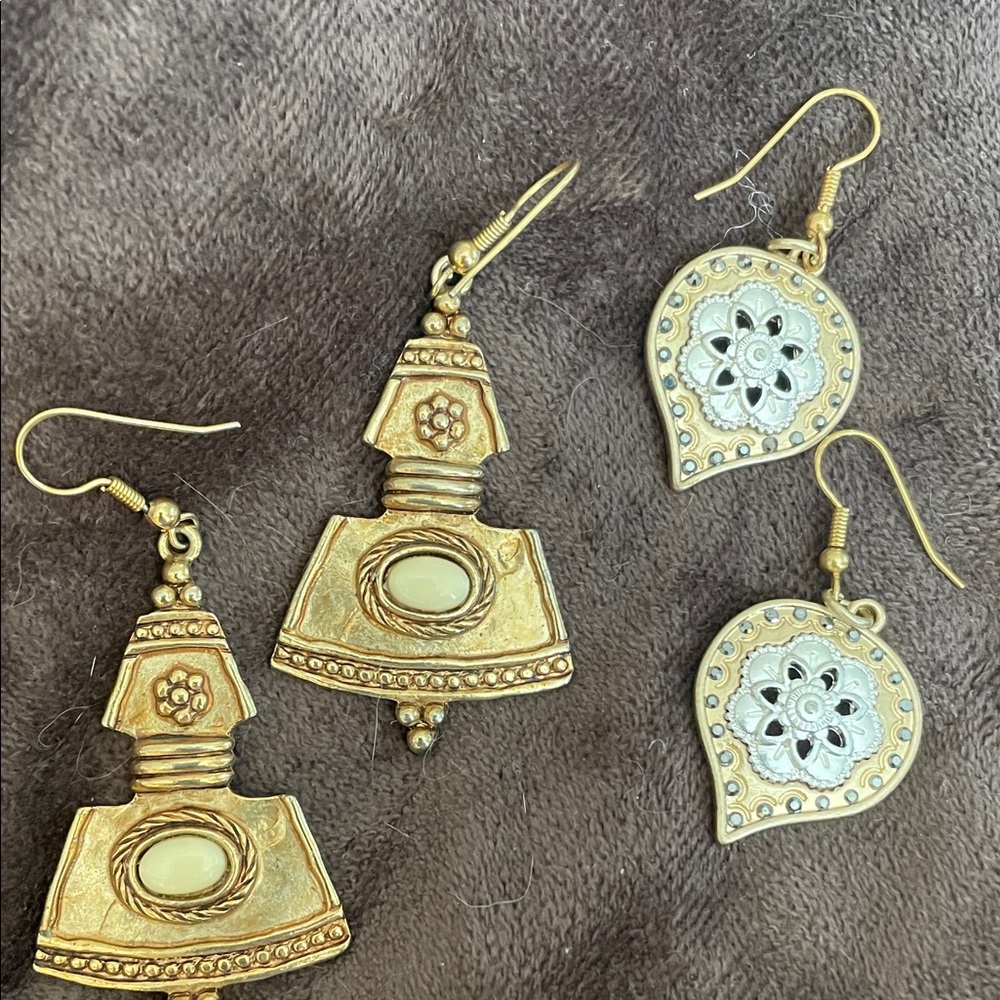 Gold-Tone 2 pair Filigree Drop Earrings - Floral Teardrop Egyptian like Design